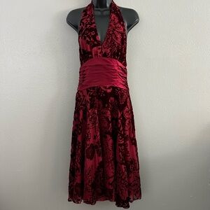 Vintage Ice Ixe Red Silk Satin Velvet Burnout Floral Halter Midi Dress 8 Holiday